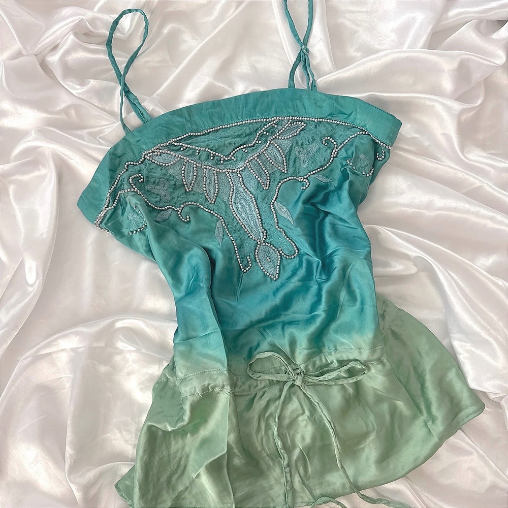 Nolita Silk Ombre Beaded Camisole Top Teal Green Peplum NWT Size M